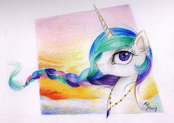 Size: 1280x902 | Tagged: safe, artist:lailyren, princess celestia, pony, g4, braided ponytail, female, looking at you, mare, smiling, solo