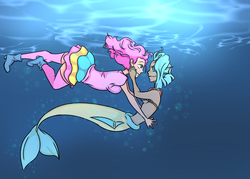 Size: 1400x1000 | Tagged: safe, artist:narcelina, pinkie pie, princess skystar, human, mermaid, g4, my little pony: the movie, boots, clothes, dark skin, duo, ear fins, female, humanized, lesbian, mermaid lovers, mermaidized, ship:skypie, shipping, shoes, skirt, socks, species swap, thigh highs, underwater, webbed fingers, zettai ryouiki