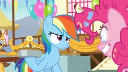 Size: 1280x720 | Tagged: safe, screencap, pinkie pie, rainbow dash, g4, secrets and pies, balloon, bloodshot eyes, decoration, food, messy, party, pie, town hall