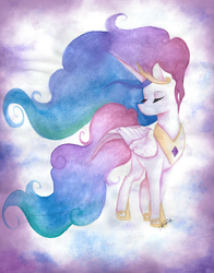 Size: 1024x1303 | Tagged: safe, artist:mindlesssketching, princess celestia, pony, g4, eyes closed, female, solo, traditional art, watercolor painting