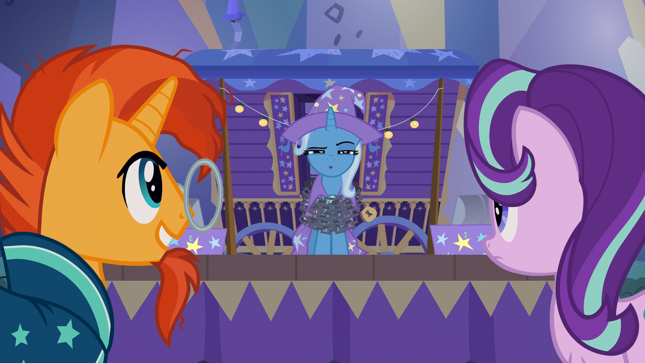 Safe Screencap Starlight Glimmer Sunburst Trixie Uncommon Bond Cape Caravan