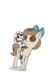 Size: 2000x2828 | Tagged: safe, artist:happy harvey, oc, oc only, oc:raggie, oc:yarsi, doll pony, hagwarders, original species, plush pony, pony, bandana, belt, boots, bow, carrying, clothes, colored, cute, doll, eyepatch, hair bow, high res, horsebackriding, living object, looking at each other, non-mlp oc, patch, phone drawing, pirate, plushie, riding, shadow, shirt, shoes, shorts, simple background, smiling, toy, vest, walking, white background