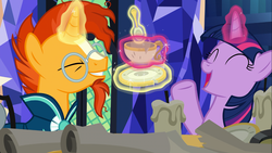 Size: 1366x768 | Tagged: safe, screencap, sunburst, twilight sparkle, alicorn, pony, g4, uncommon bond, antique, cup, duo, eyes closed, female, glowing horn, horn, magic, male, mare, open mouth, stallion, teacup, telekinesis, that pony sure does love antiques, twilight sparkle (alicorn)