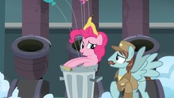 Size: 1280x720 | Tagged: safe, screencap, pinkie pie, earth pony, pegasus, pony, g4, secrets and pies, background pony, balloon, clothes, cloud, cloudsdale, dusty skies, facial hair, female, janitor, male, mare, messy, moustache, open mouth, raised eyebrow, shirt, spread wings, stallion, trash, trash can, waste collector, wings