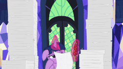 Size: 500x282 | Tagged: safe, screencap, twilight sparkle, alicorn, pony, g4, once upon a zeppelin, animated, bored, female, floppy ears, gif, magic, paper, paperwork, pen, quill, solo, telekinesis, twilight sparkle (alicorn), twilight's castle, writing
