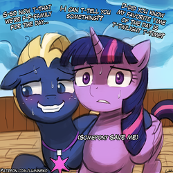 Size: 750x750 | Tagged: safe, artist:lumineko, star tracker, twilight sparkle, alicorn, earth pony, pony, g4, once upon a zeppelin, blushing, dialogue, female, floppy ears, grammar error, help me, looking away, male, one sided shipping, pun, raised hoof, ship:twitracker, shipping, starboarding, straight, stuttering, sweat, twilight sparkle (alicorn)