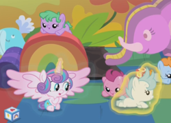 Size: 801x574 | Tagged: safe, screencap, cranberry pit, ginger tea, grape stem, princess flurry heart, stratus wind, alicorn, earth pony, pony, g4, once upon a zeppelin, baby, baby pony, daycare, diaper, female, filly, foal, group, levitation, magic, telekinesis, zeppelin children