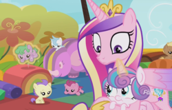 Size: 1105x706 | Tagged: safe, screencap, coconut palm, cranberry pit, cream puff, grape stem, princess cadance, princess flurry heart, stratus wind, pony, g4, once upon a zeppelin, baby, baby pony, daughter, female, foal, levitation, magic, mother, mother and daughter, telekinesis
