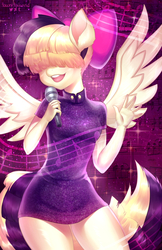 Size: 750x1158 | Tagged: safe, artist:tawni-tailwind, songbird serenade, pegasus, anthro, g4, my little pony: the movie, bow, clothes, cute, female, hair bow, hair over eyes, mare, microphone, music notes, singing, solo, songbetes