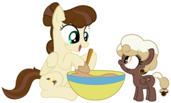 Size: 9375x5625 | Tagged: safe, artist:besttubahorse, oc, oc only, oc:sweet mocha, oc:vanilla bean, pegasus, pony, 5-year-old, absurd resolution, baking, bowl, cute, duo, duo female, female, freckles, hoof hold, mother and daughter, simple background, spoon, teaching, transparent background, vector, younger