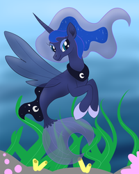Size: 2480x3093 | Tagged: safe, artist:scraleos, princess luna, alicorn, pony, seapony (g4), g4, my little pony: the movie, blue eyes, eyelashes, female, fin wings, flowing mane, high res, hoof shoes, horn, looking at you, ocean, seaponified, seapony luna, smiling, solo, species swap, tail, underwater, water, wings