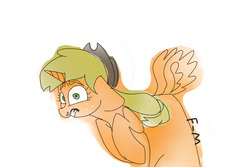 Size: 600x400 | Tagged: safe, artist:sodadoodle, derpibooru exclusive, applejack, alicorn, pony, g4, alicornified, applecorn, bad coloring, colored sketch, eye scream, floppy ears, freckles, hat, race swap, shocked, shocked expression, signature