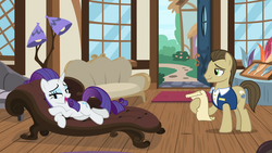 Size: 1920x1080 | Tagged: safe, screencap, davenport, rarity, earth pony, pony, unicorn, g4, it isn't the mane thing about you, background pony, fainting couch, female, hoof hold, lamp, male, mare, quill, quills and sofas, rarity being rarity, stallion