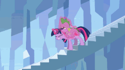 Size: 1080x608 | Tagged: safe, screencap, spike, twilight sparkle, dragon, pony, unicorn, g4, the crystal empire, animated, butt touch, dragons riding ponies, female, gif, gravity, gravity spell, grunting, hand on butt, king sombra's stair dimension, levitation, magic, male, mare, riding, shine, skidding, slide, sparks, spiral stairs, staircase, stairs, straining, surprised, telekinesis, tongue out, upside down
