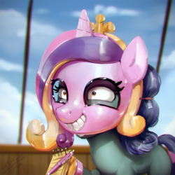 Size: 800x800 | Tagged: safe, artist:assasinmonkey, scribble pad, pony, g4, once upon a zeppelin, cadance mask, digital painting, female, filly, grin, hoof hold, horseshoes, mask, nightmare fuel, notepad, scene interpretation, shrunken pupils, smiling, solo, uncanny valley
