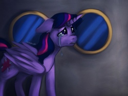 Size: 2048x1536 | Tagged: safe, artist:incendiarymoth, twilight sparkle, alicorn, pony, g4, once upon a zeppelin, airship, crying, female, mare, open mouth, sad, scene interpretation, twilight sparkle (alicorn), window, zeppelin