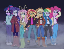 Size: 2400x1842 | Tagged: safe, artist:dnlnamek01, applejack, fluttershy, pinkie pie, rainbow dash, rarity, sci-twi, sunset shimmer, twilight sparkle, equestria girls, g4, clothes, converse, group, pants, shoes, sneakers