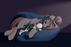 Size: 2700x1800 | Tagged: safe, artist:styroponyworks, oc, oc only, oc:brownie bun, oc:richard, human, pony, bald, clothes, cuddling, female, husband and wife, male, mare, married couple, size difference, sleeping, straight