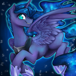 Size: 2000x2000 | Tagged: safe, artist:glacierclear, princess luna, alicorn, pony, g4, cute, female, flying, high res, looking at you, lunabetes, mare, missing cutie mark, smiling, solo, space