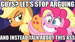 Size: 1024x576 | Tagged: safe, edit, edited screencap, screencap, applejack, pinkie pie, g4, shadow play, applebutt, butt, butt touch, butthug, caption, faceful of ass, hug, image macro, meme, pinkie hugging applejack's butt, plot, this will end in pain, unamused, upset