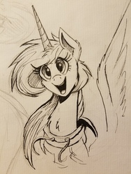 Size: 4032x3024 | Tagged: safe, artist:ncmares, princess celestia, alicorn, pony, g4, clothes, cute, cutelestia, female, hoodie, horn, inktober, mare, monochrome, open mouth, sketch, smiling, solo, traditional art, wings