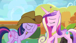 Size: 960x540 | Tagged: safe, edit, edited screencap, screencap, applejack, princess cadance, twilight sparkle, alicorn, pony, g4, no second prances, once upon a zeppelin, angry, animated, cowboy hat, discovery family logo, female, gif, hat, twilight sparkle (alicorn)