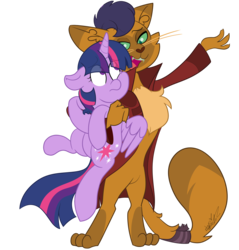 Size: 3831x4000 | Tagged: safe, artist:befishproductions, capper dapperpaws, twilight sparkle, abyssinian, alicorn, cat, pony, anthro, digitigrade anthro, g4, my little pony: the movie, anthro with ponies, chest fluff, clothes, coat, duo, female, holding a pony, male, mare, simple background, smiling, transparent background, twilight sparkle (alicorn)