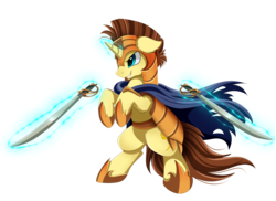 Size: 3509x2550 | Tagged: safe, artist:pridark, oc, oc only, pony, unicorn, armor, blue eyes, brown mane, commission, cyan eyes, glowing horn, high res, horn, magic, rearing, simple background, smiling, solo, sword, telekinesis, transparent background, weapon, yellow coat