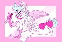 Size: 1334x923 | Tagged: artist needed, source needed, safe, oc, oc only, oc:passel, hippogriff, original species, sabertooth pony, abstract background, bow, eyes closed, fangs, grin, knife, leonine tail, nosebleed, pointing, smiling, solo, tail bow, talons, toothy grin, weapon, wings