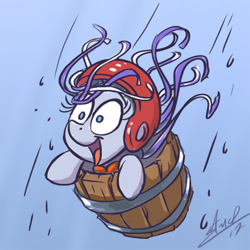 Size: 512x512 | Tagged: safe, artist:assasinmonkey, twilight velvet, pony, unicorn, g4, once upon a zeppelin, barrel, female, helmet, lifejacket, mare, neighagra falls, open mouth, scene interpretation, silly, silly pony, solo, tongue out, waterfall