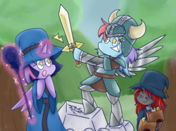 Size: 2688x2000 | Tagged: safe, artist:typhwosion, rainbow dash, twilight sparkle, oc, oc:crimson fist, alicorn, pegasus, pony, unicorn, g4, armor, bipedal, crimsparkle, grin, high res, magic staff, smiling, staff, starry eyes, sword, sword in the stone, trio, twilight sparkle (alicorn), weapon, wingding eyes, wizard