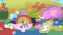 Size: 1920x1080 | Tagged: safe, edit, edited screencap, screencap, cranberry pit, cream puff, ginger tea, grape stem, princess flurry heart, stratus wind, pony, g4, once upon a zeppelin, baby, baby pony, diaperless edit, female, filly, foal, nude edit, nudity