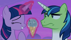 Size: 1354x764 | Tagged: safe, screencap, shining armor, twilight sparkle, alicorn, pony, unicorn, g4, once upon a zeppelin, airsick armor, female, food, frown, glowing horn, green face, horn, ice cream, ice cream cone, magic, male, mare, sick, smiling, stallion, telekinesis, twilight sparkle (alicorn), unamused