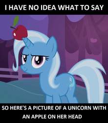 Size: 882x1000 | Tagged: safe, edit, edited screencap, screencap, trixie, pony, unicorn, g4, uncommon bond, apple, cute, diatrixes, female, food, horn, horn guard, horn impalement, looking at you, mare, meme, outdoors, smiling, solo, standing, text