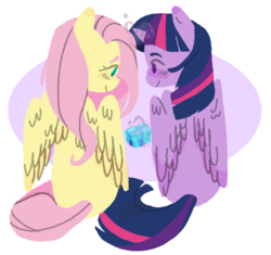 Size: 715x673 | Tagged: safe, artist:milky-rabbit, fluttershy, twilight sparkle, alicorn, pegasus, pony, g4, blushing, female, lesbian, present, ship:twishy, shipping, smiling, twilight sparkle (alicorn)