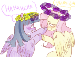 Size: 1516x1168 | Tagged: safe, artist:milky-rabbit, fluttershy, twilight sparkle, alicorn, pony, g4, blushing, boop, female, floral head wreath, flower, laughing, lesbian, levitation, magic, ship:twishy, shipping, smiling, telekinesis, twilight sparkle (alicorn)