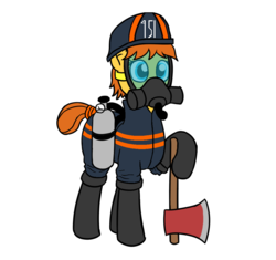 Size: 1000x938 | Tagged: safe, alternate version, artist:anonymous, edit, oc, oc only, oc:fireaxe, earth pony, pony, /mlpol/, alternate timeline, alternate universe, axe, boots, dystopia, evil, fahrenheit 451, female, fire department, gas mask, helmet, mask, role reversal, rwss, shoes, weapon