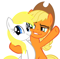 Size: 2044x2000 | Tagged: safe, artist:accu, applejack, oc, oc:aryanne, earth pony, pony, g4, duo, face, faic, female, hat, high res, hug, mare, reaction image, sieg heil, simple background, smirk, smug, smugdash, toy story, transparent background, twiface, vector, x x everywhere