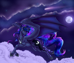 Size: 1744x1488 | Tagged: safe, artist:crazyaniknowit, princess luna, pony, g4, bat wings, female, hybrid wings, moon, solo