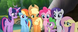 Size: 1600x670 | Tagged: safe, screencap, applejack, fluttershy, pinkie pie, rainbow dash, rarity, spike, twilight sparkle, alicorn, dragon, pony, g4, my little pony: the movie, mane seven, mane six, twilight sparkle (alicorn)