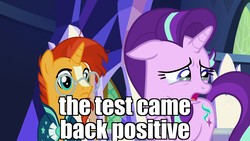 Size: 1920x1080 | Tagged: safe, edit, edited screencap, screencap, starlight glimmer, sunburst, pony, unicorn, g4, uncommon bond, crying, female, floppy ears, horn, image macro, implied pregnancy, implied shipping, implied starburst, implied straight, male, mare, meme, open mouth, stallion