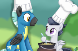 Size: 1350x893 | Tagged: safe, artist:liniitadash23, rumble, thunderlane, pegasus, pony, g4, marks and recreation, brothers, cauldron, chef, chef's hat, clothes, colt, duo, foal, hat, male, sitting, stallion, stirring, uniform, wonderbolts uniform