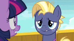 Size: 960x540 | Tagged: safe, screencap, star tracker, twilight sparkle, alicorn, pony, g4, once upon a zeppelin, airship, animated, gif, male, nervous, shy, stallion, twilight sparkle (alicorn), zeppelin