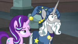 Size: 1280x720 | Tagged: safe, screencap, star swirl the bearded, starlight glimmer, pony, unicorn, g4, shadow play, female, hat, male, mare, stallion, starlight glimmer is not amused, unamused, well of shade