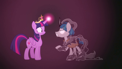 Size: 1280x720 | Tagged: safe, screencap, pony of shadows, stygian, twilight sparkle, alicorn, pony, unicorn, g4, shadow play, cloak, clothes, element of magic, female, male, mare, stallion, twilight sparkle (alicorn)