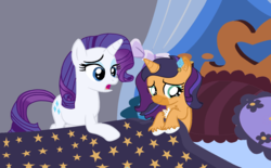 Size: 1510x935 | Tagged: safe, artist:flakyporcupine1989, rarity, oc, oc:jewel fur, hybrid, pony, sphinx, unicorn, g4, my little pony: the movie, bedroom, capperity, comforting, female, filly, next generation, offspring, parent:capper dapperpaws, parent:rarity, parents:capperity