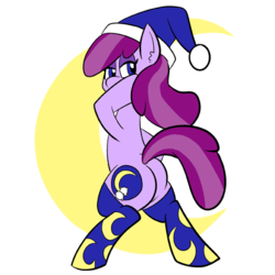 Size: 576x576 | Tagged: safe, artist:pembroke, oc, oc only, oc:beddy bye, earth pony, pony, bipedal, butt, clothes, hat, lidded eyes, looking back, nightcap, plot, socks, solo