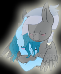 Size: 872x1066 | Tagged: safe, artist:fragrance-mlpng, oc, oc only, oc:laya, oc:swift lightning, pegasus, pony, base used, blushing, disguise, disguised changeling, eyes closed, female, hug, mare, oc x oc, shipping, smiling, watermark