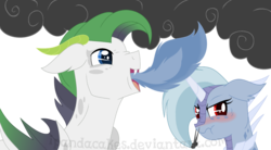 Size: 1586x876 | Tagged: safe, artist:ipandacakes, oc, oc only, oc:blue moonstone, oc:tanzanite, dracony, hybrid, blushing, dragonfire, duo, female, fire, male, simple background, smoke, snorting, white background