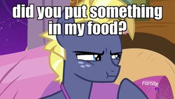 Size: 1920x1080 | Tagged: safe, edit, edited screencap, screencap, star tracker, earth pony, pony, g4, once upon a zeppelin, :t, image macro, male, meme, solo, stallion, suspicious